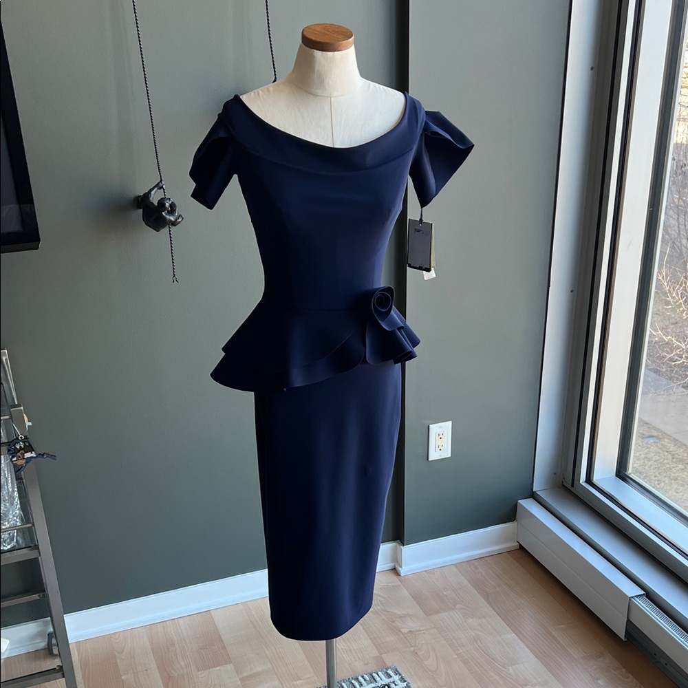 New Chiara Boni La Petite Robe Laelle Peplum Rosette Midi-Dress Size 42 / 6 US